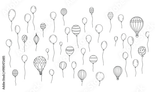 A collection of hand drawn outline balloons and hot air balloons perfect for birthday party decorations or playful graphic resource applications