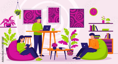 People working remotely in a comfortable home office environment.