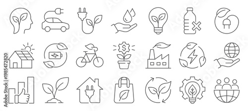 Green energy thin line icons, such as electric car, solar panel, battery, recycling and more. Editable stroke vector illustrations.