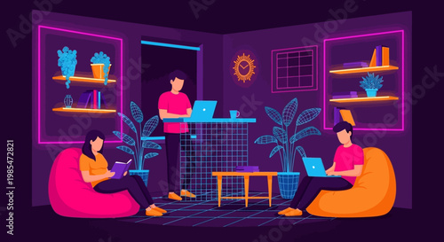 People working on laptops in a modern office space.