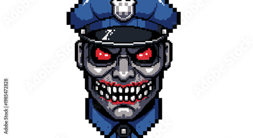 Pixel art evil zombie police officer with glowing red eyes.