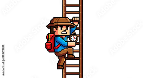 Pixel Art Adventurer Climbing Ladder with Compass.