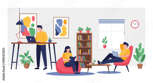 People working and relaxing in a modern co-working space.