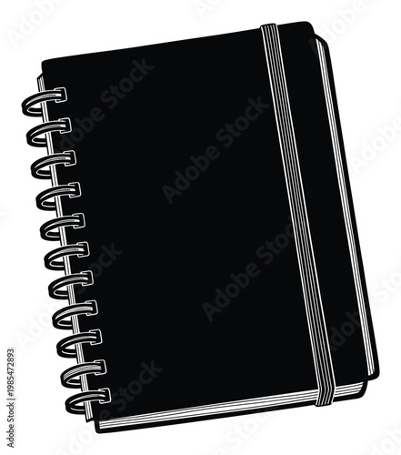 Professional black spiral bound notebook with elastic band closure perfect for business and school stationery or personal journal and planner concepts