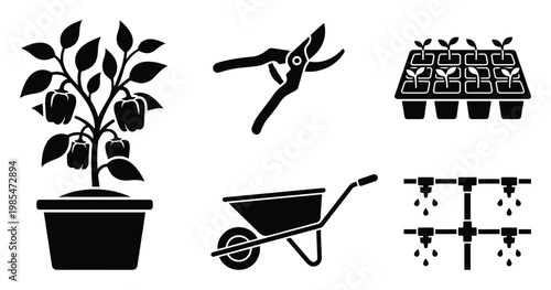 Essential gardening tools and planting equipment collection for horticulture projects and agricultural themes promoting sustainable farming practices