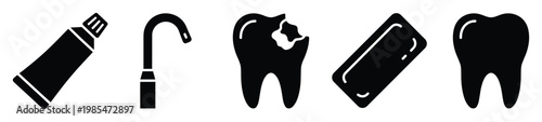 Essential dental care and hygiene icons including toothpaste, dental tool, cavity, dental floss, and healthy tooth symbols for dentistry presentations and educational materials