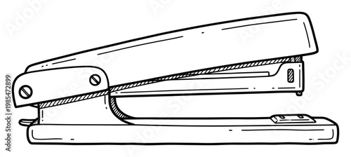 Monochrome outline drawing of a classic office stapler used for securing documents and binding multiple sheets of paper, ideal for educational resources, business applications, or graphic