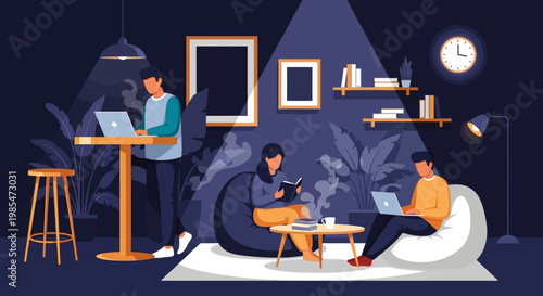 People working and studying in a cozy shared space.