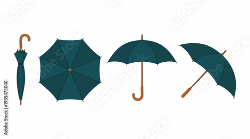 Vector illustrations of blue umbrellas in various open and closed positions