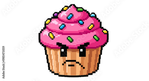 Pixel Art Angry Cupcake with Pink Frosting and Sprinkles.