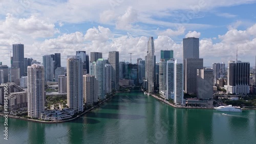 Miami Brickell skyline with skyscrapers along ocean. Miami aerial cityscape with skyline. Miami coastal skyline with bay. Miami downtown skyline with offices.