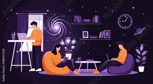 People working remotely in a cozy, futuristic home office.