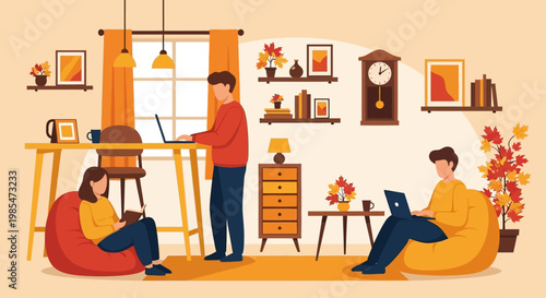 People working remotely in a cozy home office environment.