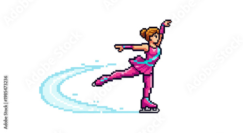 Pixel Art Figure Skater Performing Graceful Ice Skating Routine.