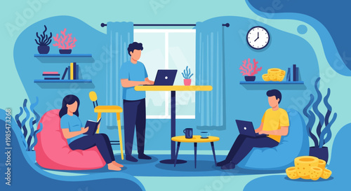 People working and studying in a modern home office.