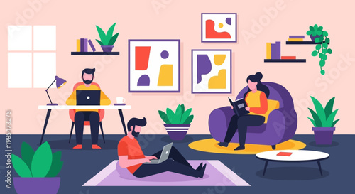 People working remotely in a cozy home office environment.