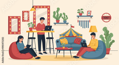 People working remotely in a cozy home office environment.