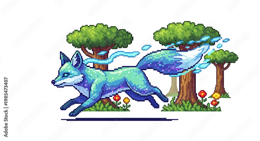 Fototapeta premium Pixel Art Blue Fox Running Through Forest.