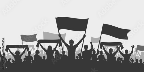 A crowd of people protesting with flags waving in the air