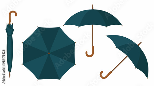 Set of dark teal umbrellas, open and closed, with brown curved handles
