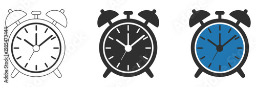 

Three alarm clocks in different styles and colors on white background, varying designs of classic and modern timepieces, clean vector illustration for time management, scheduling, and productivity 