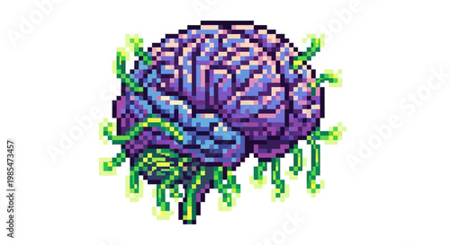 Pixel Art Brain with Green Tendrils.
