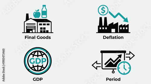 GDP growth infographic elements, economic indicators vector icons, business and finance symbols, modern style