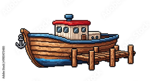 Pixel Art Fishing Boat Docked at Wooden Pier.