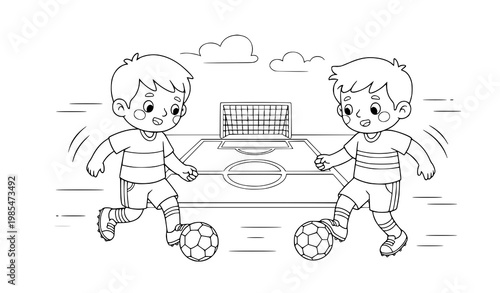 Kids soccer practice coloring page with two boys dribbling ball on football field outline vector illustration