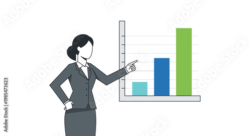 Businesswoman pointing at bar graph chart.