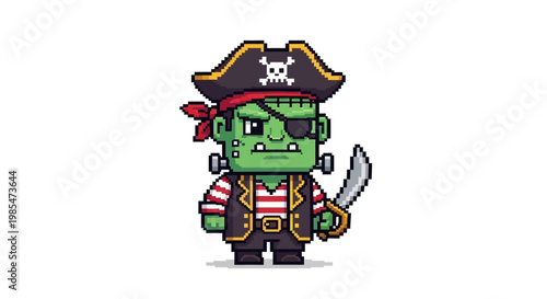 Pixel Art Frankenstein Pirate Character Illustration.