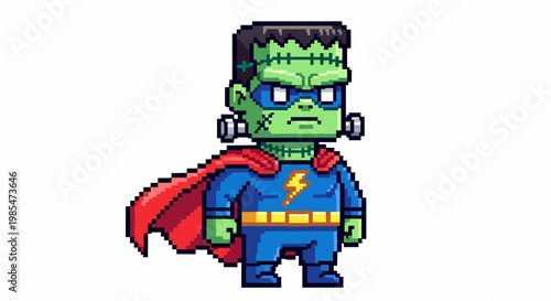 Pixel Art Frankenstein Superhero Character Illustration.