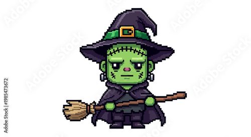 Pixel Art Frankenstein Witch Holding Broomstick Character.