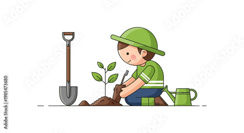 Boy Planting Small Green Tree Sapling.