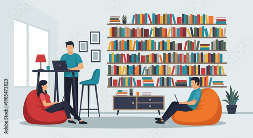 People working and studying in a modern library setting.