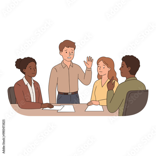 Four people discuss and interact while sitting around a meeting table