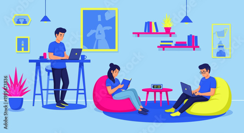 People working and studying in a modern co-working space.