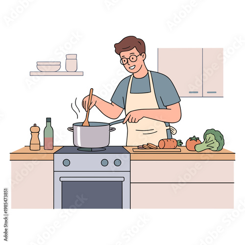 A man stirring vegetables in a pot on the stove in a kitchen