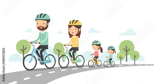 Family Riding Bicycles Together Outdoors.