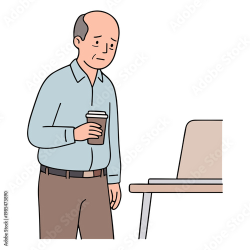 A man stands beside a desk holding a coffee cup in office.