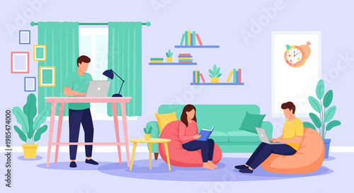 People working and studying in a modern living room.