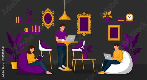 People working and relaxing in a modern co-working space.