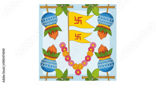 Swastika symbol on yellow flags decoration.