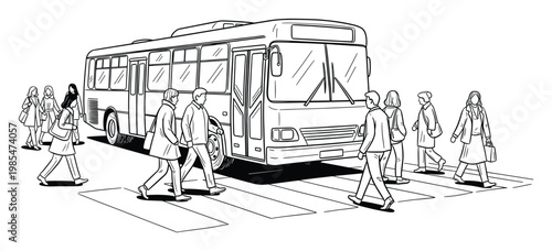 Line drawing of a public city bus and pedestrians walking across a crosswalk, depicting urban daily life and public transportation for travel and city concepts.