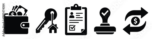 Modern icon set depicting financial payments, real estate keys, document forms, official approval stamps, and money exchange symbols for various business and personal finance applications.