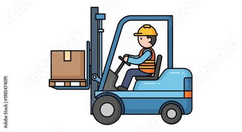 Man driving forklift with cardboard box.