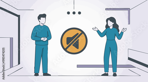 Silent communication concept with man, woman, and mute icon illustration
