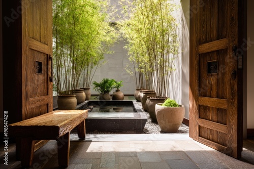 Minimalist bamboo garden patio with natural light