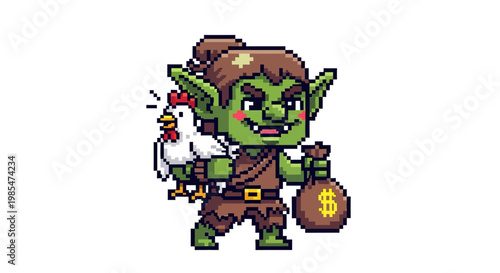 Pixel Art Goblin Character Holding Money Bag and Chicken.