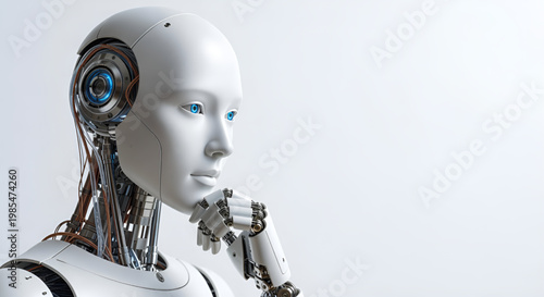 Thinking Humanoid Robot in Profile View on White Background. Artificial Intelligence Thinking Concept: Realistic Cyborg with Blue Eyes. 3D Rendered White Humanoid Robot Head in Thoughtful Pose. 
